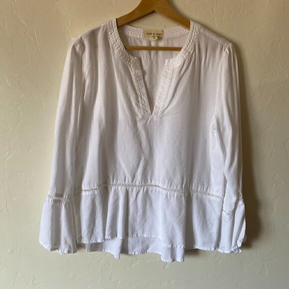 Cloth & Stone White Bell Sleeve Ladder Lace Inset Boho V-Neck Blouse Size M - Picture 3 of 10
